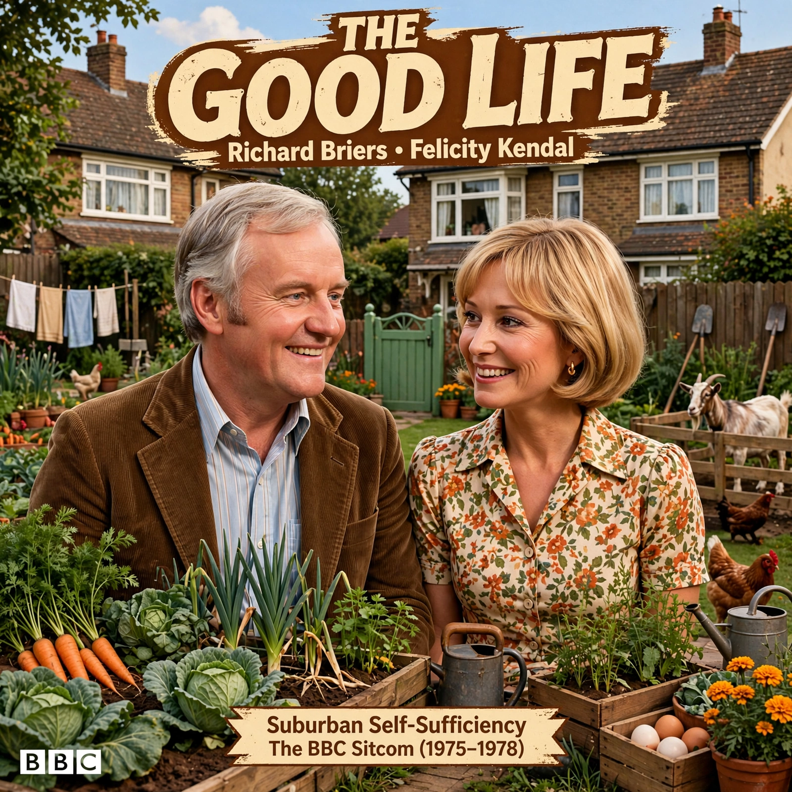 Illustration of The Good Life: Richard Briers and Felicity Kendal's Suburban Self-Sufficiency BBC Sitcom
